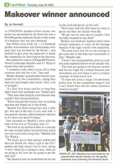 Article dated 30 June 2022 in the Tweed Valley Weekly about the winner of the $10k garden makeover giveaway